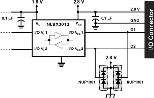 Figure 5. A diode array protection circuit clamps a negative and positive surge pulse to -7,0 and V<sub>CC</sub> + 0,7 V respectively